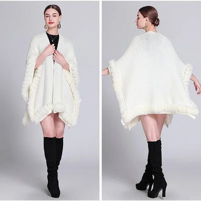 Novelty Fashion Knit Faux Fur Trim Shawl Long Cape Coat Autumn Winter Women Elegant Forked Cloak Wraps Big 2023 New - Tiny Treasure Boutik