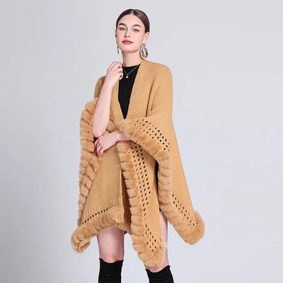 Novelty Fashion Knit Faux Fur Trim Shawl Long Cape Coat Autumn Winter Women Elegant Forked Cloak Wraps Big 2023 New - Tiny Treasure Boutik