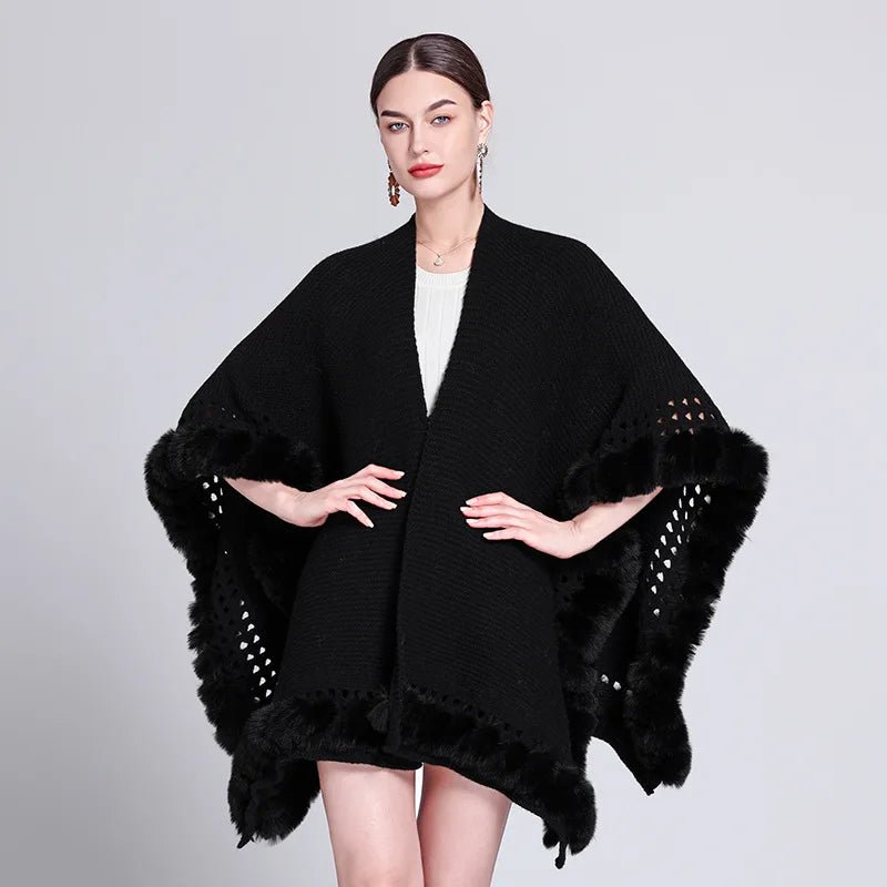 Novelty Fashion Knit Faux Fur Trim Shawl Long Cape Coat Autumn Winter Women Elegant Forked Cloak Wraps Big 2023 New - Tiny Treasure Boutik