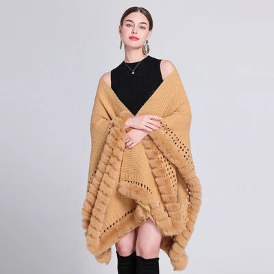 Novelty Fashion Knit Faux Fur Trim Shawl Long Cape Coat Autumn Winter Women Elegant Forked Cloak Wraps Big 2023 New - Tiny Treasure Boutik