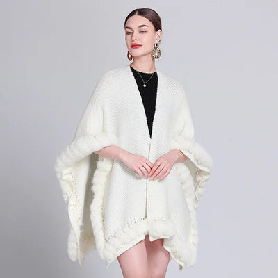 Novelty Fashion Knit Faux Fur Trim Shawl Long Cape Coat Autumn Winter Women Elegant Forked Cloak Wraps Big 2023 New - Tiny Treasure Boutik