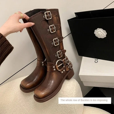 Platform Combat Boots Zip Chuny Heel Buckle Vintage Fashion Casual Luxury Designer Western Mid Calf Boots Shoes Woman - Tiny Treasure Boutik