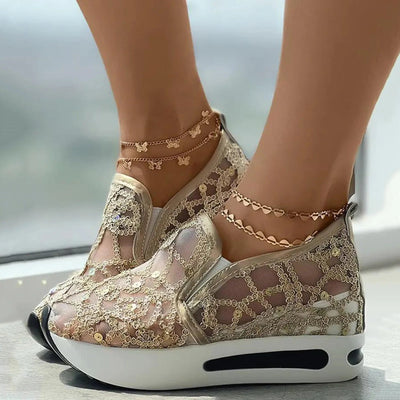 Platform Wedges women's Sneakers Floral Embroidery Mesh Sneakers For Women Slip On Casual Comfy Heeled Shoes Woman - Tiny Treasure Boutik