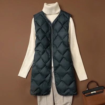 Plus Size Female Korean V - neck Casual Ultra Light Vest Coat Autumn Winter Women X - Long White Duck Down Warm Sleeveless Jackets - Tiny Treasure Boutik