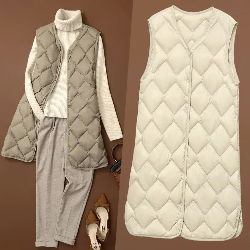 Plus Size Female Korean V - neck Casual Ultra Light Vest Coat Autumn Winter Women X - Long White Duck Down Warm Sleeveless Jackets - Tiny Treasure Boutik