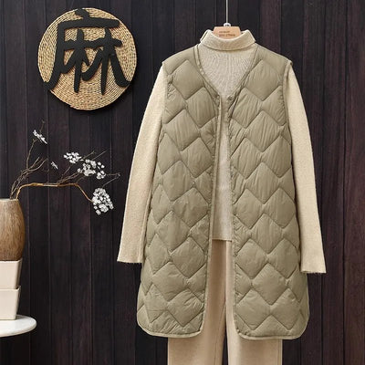 Plus Size Female Korean V - neck Casual Ultra Light Vest Coat Autumn Winter Women X - Long White Duck Down Warm Sleeveless Jackets - Tiny Treasure Boutik