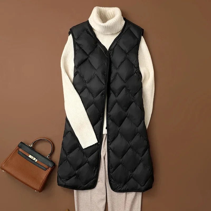 Plus Size Female Korean V - neck Casual Ultra Light Vest Coat Autumn Winter Women X - Long White Duck Down Warm Sleeveless Jackets - Tiny Treasure Boutik