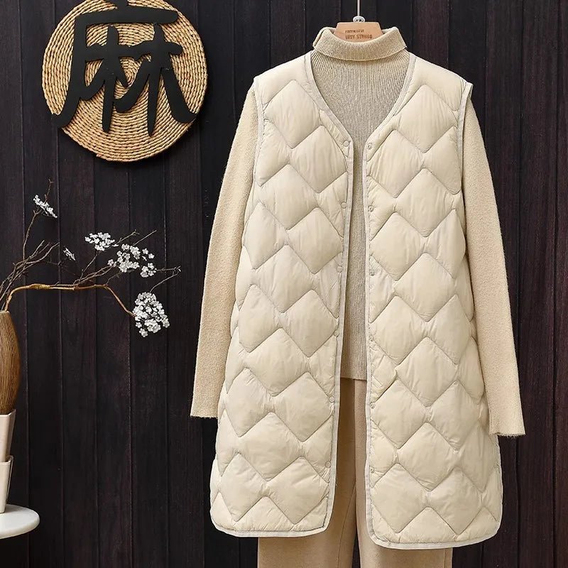 Plus Size Female Korean V - neck Casual Ultra Light Vest Coat Autumn Winter Women X - Long White Duck Down Warm Sleeveless Jackets - Tiny Treasure Boutik