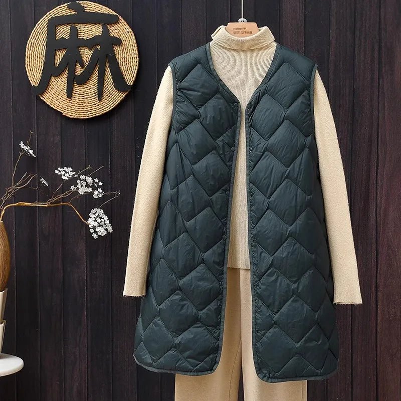 Plus Size Female Korean V - neck Casual Ultra Light Vest Coat Autumn Winter Women X - Long White Duck Down Warm Sleeveless Jackets - Tiny Treasure Boutik