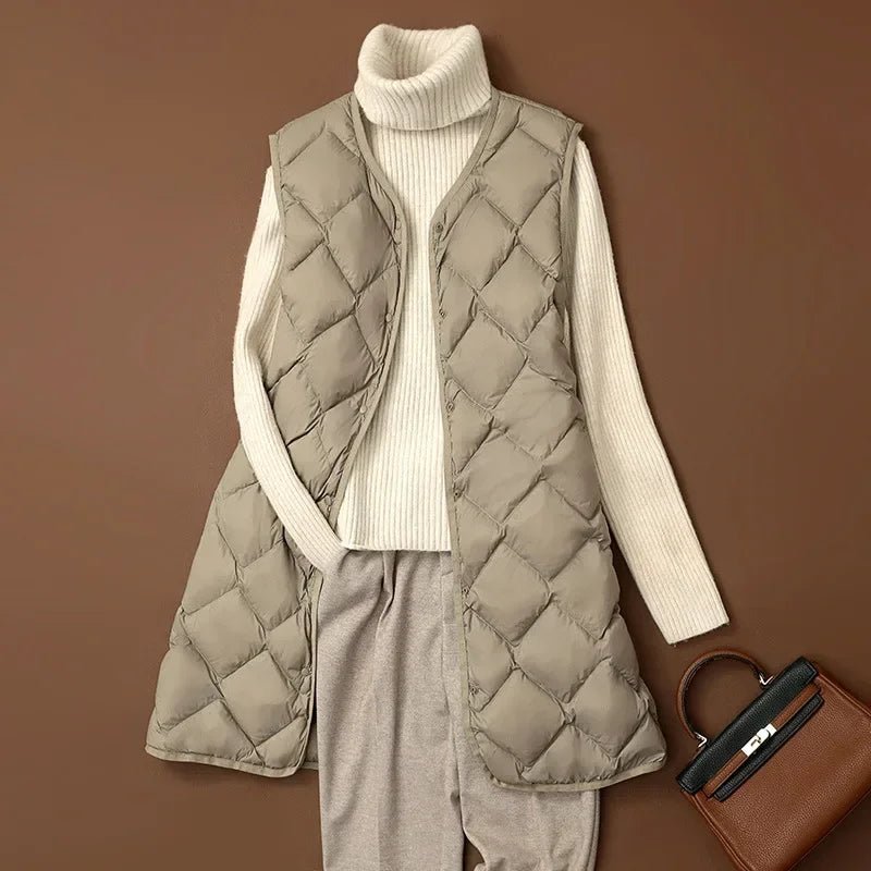 Plus Size Female Korean V - neck Casual Ultra Light Vest Coat Autumn Winter Women X - Long White Duck Down Warm Sleeveless Jackets - Tiny Treasure Boutik