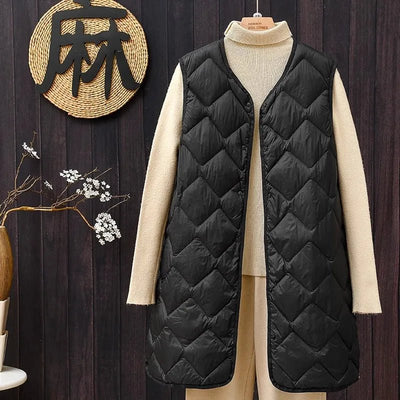 Plus Size Female Korean V - neck Casual Ultra Light Vest Coat Autumn Winter Women X - Long White Duck Down Warm Sleeveless Jackets - Tiny Treasure Boutik