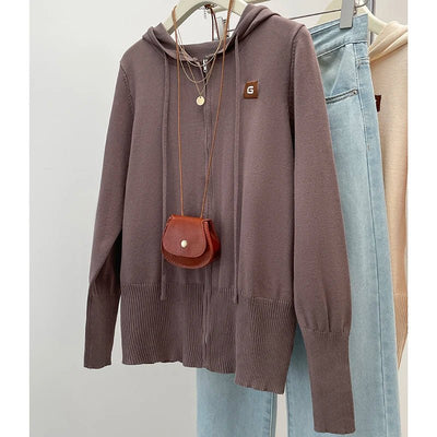 Plus Size Women's Clothing 2024 Autumn New Casual Knitwear Top, Loose Cardigan for Chubby Girls, Hooded Sweater Jacket Coat - Tiny Treasure Boutik