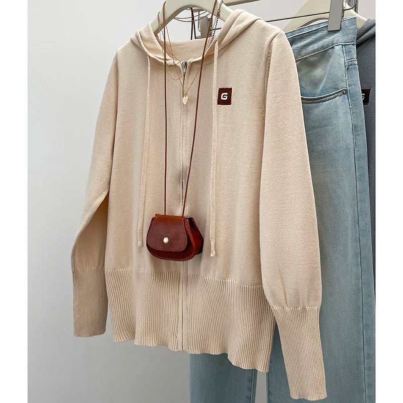 Plus Size Women's Clothing 2024 Autumn New Casual Knitwear Top, Loose Cardigan for Chubby Girls, Hooded Sweater Jacket Coat - Tiny Treasure Boutik