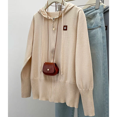 Plus Size Women's Clothing 2024 Autumn New Casual Knitwear Top, Loose Cardigan for Chubby Girls, Hooded Sweater Jacket Coat - Tiny Treasure Boutik