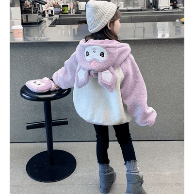 Sanrio Kawaii Kuromi Girls Winter Casual Fashion Cute Versatile Cartoon Loose Hooded Thickened Warm Sherpa Children's Top Jacket - Tiny Treasure Boutik