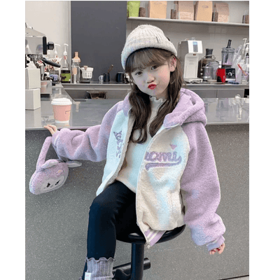 Sanrio Kawaii Kuromi Girls Winter Casual Fashion Cute Versatile Cartoon Loose Hooded Thickened Warm Sherpa Children's Top Jacket - Tiny Treasure Boutik