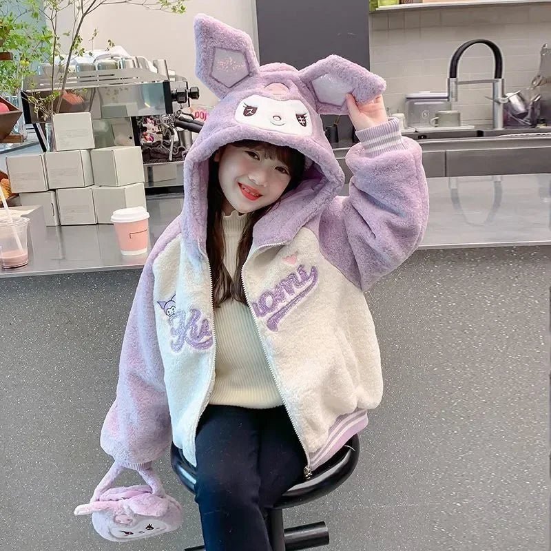 Sanrio Kawaii Kuromi Girls Winter Casual Fashion Cute Versatile Cartoon Loose Hooded Thickened Warm Sherpa Children's Top Jacket - Tiny Treasure Boutik