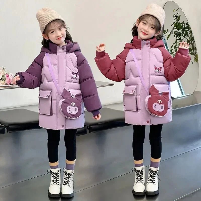 Sanrio Kuromi down Jacket for Girls 2024 Winter Teenagers Cotton Padded Warm Coat with Bag Kids Hooded Windproof Thicken Outwear - Tiny Treasure Boutik