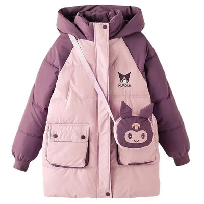 Sanrio Kuromi down Jacket for Girls 2024 Winter Teenagers Cotton Padded Warm Coat with Bag Kids Hooded Windproof Thicken Outwear - Tiny Treasure Boutik