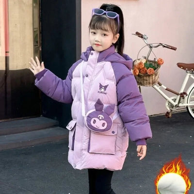 Sanrio Kuromi down Jacket for Girls 2024 Winter Teenagers Cotton Padded Warm Coat with Bag Kids Hooded Windproof Thicken Outwear - Tiny Treasure Boutik