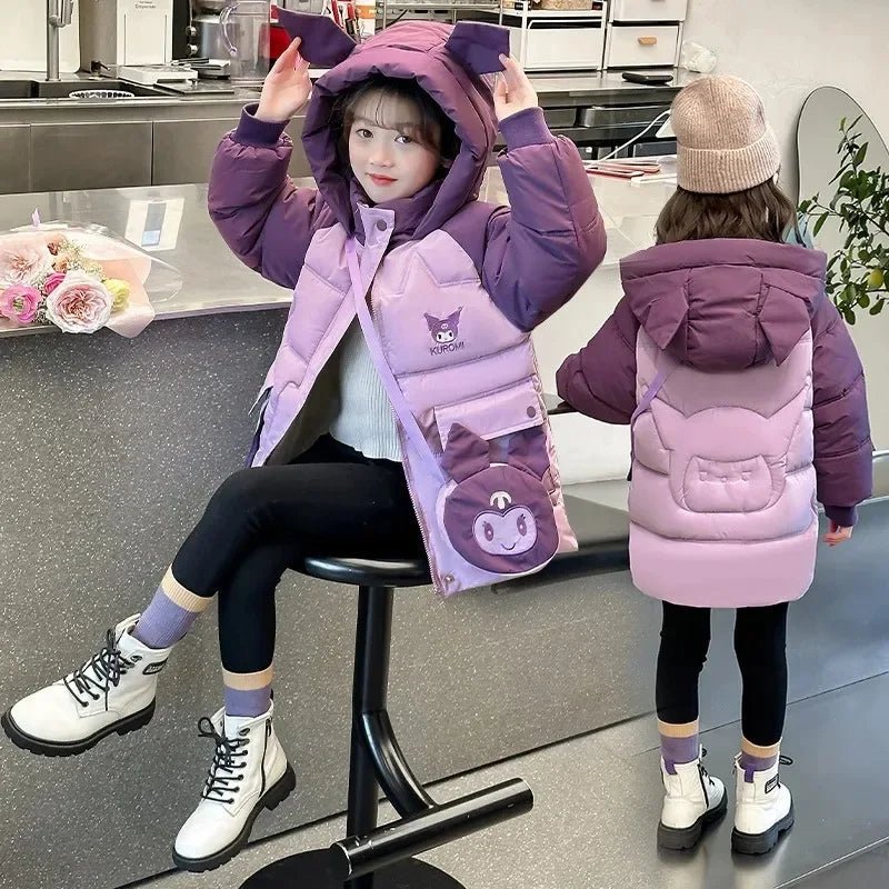 Sanrio Kuromi down Jacket for Girls 2024 Winter Teenagers Cotton Padded Warm Coat with Bag Kids Hooded Windproof Thicken Outwear - Tiny Treasure Boutik