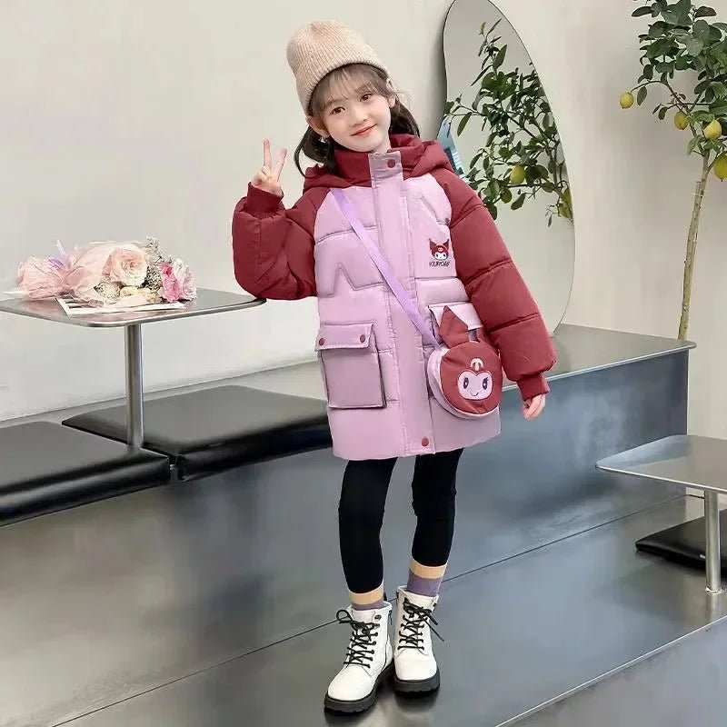 Sanrio Kuromi down Jacket for Girls 2024 Winter Teenagers Cotton Padded Warm Coat with Bag Kids Hooded Windproof Thicken Outwear - Tiny Treasure Boutik