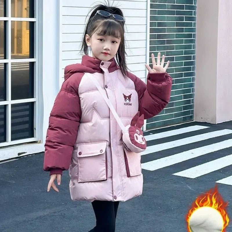 Sanrio Kuromi down Jacket for Girls 2024 Winter Teenagers Cotton Padded Warm Coat with Bag Kids Hooded Windproof Thicken Outwear - Tiny Treasure Boutik