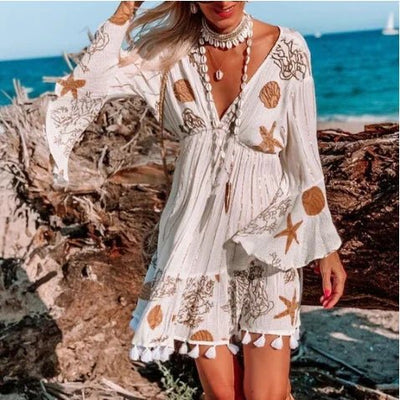 Sexy V Neck Bikini Cover Up Beach Dress Long Sleeve Tassel Mini Dresses Women Swimsuit Beachwear Beach Tunics Robe De Plage - Tiny Treasure Boutik