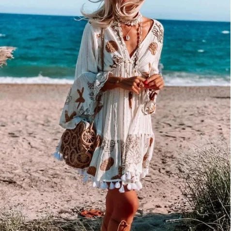 Sexy V Neck Bikini Cover Up Beach Dress Long Sleeve Tassel Mini Dresses Women Swimsuit Beachwear Beach Tunics Robe De Plage - Tiny Treasure Boutik