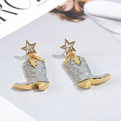 Trendy Metal Five Star Cowboy Boot Drop Earrings for Women Vintage Geometric Shoe Design Earrings 2024 Holiday Jewelry - Tiny Treasure Boutik