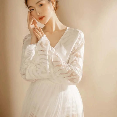 White V - neck Maternity Dress Sexy Lace Long - sleeved Tulle Trailing Dress Photo Photography Props Pregnancy Woman Robe Grossesse - Tiny Treasure Boutik