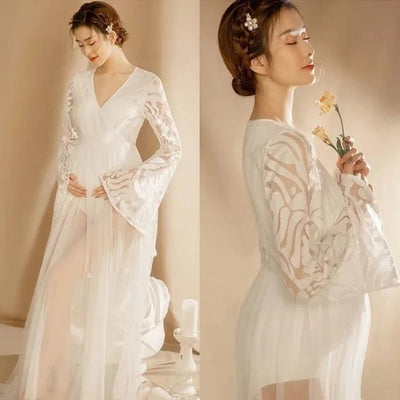 White V - neck Maternity Dress Sexy Lace Long - sleeved Tulle Trailing Dress Photo Photography Props Pregnancy Woman Robe Grossesse - Tiny Treasure Boutik