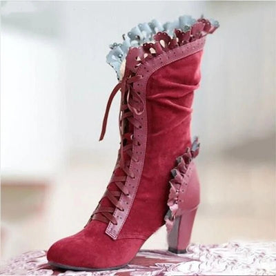 Women Lace Women's High Heel Middle Tube Boots Botas Zapatos Mujer Retro Leather Winter Shoes Booties Cowboy Botas Mujer - Tiny Treasure Boutik