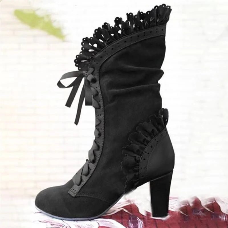 Women Lace Women's High Heel Middle Tube Boots Botas Zapatos Mujer Retro Leather Winter Shoes Booties Cowboy Botas Mujer - Tiny Treasure Boutik