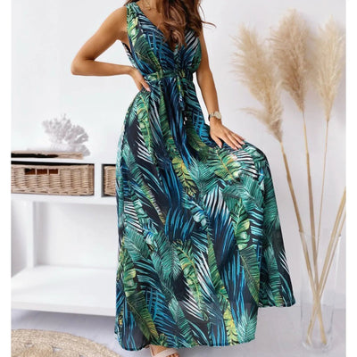 Women Summer Casual Dress Sleeveless Print Halter Strap Dress Ladies Party Grown Long Dress - Tiny Treasure Boutik