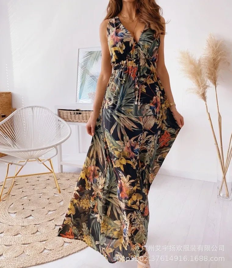 Women Summer Casual Dress Sleeveless Print Halter Strap Dress Ladies Party Grown Long Dress - Tiny Treasure Boutik