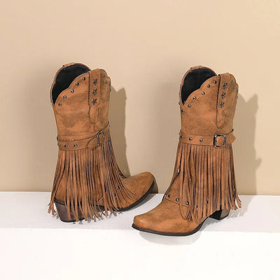 Women Vintage Ethnic Western Cowboy Boots Rivets 5cm Block Heel Boot Tassel Fringe Booties Lady Winter Gladiator Shoes 2024 - Tiny Treasure Boutik