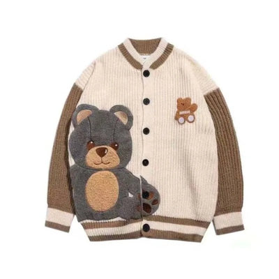 Womens Cute Bear Graphic Embroidery Knit Cardigan Unisex Varsity Long Sleeve Button Up Sweater Casual Loose Knitwear Jacket Coat - Tiny Treasure Boutik