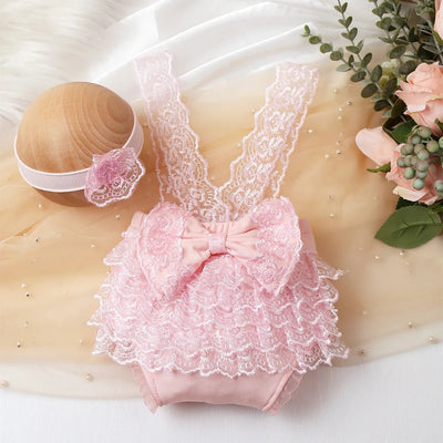 Ylsteed Newborn Photography Outfits Big Bowknot Baby Lace Romper with Hairband Blue Suspender Trousers Photo Shooting Overalls - Tiny Treasure Boutik